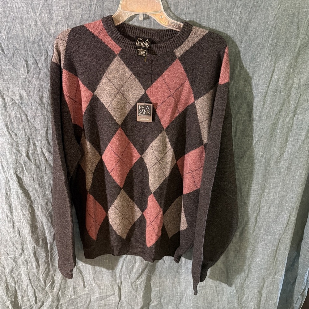 Jos A Bank Mens Argyle Sweater Lambswool Blend Grey Charcoal Brown Large NWT